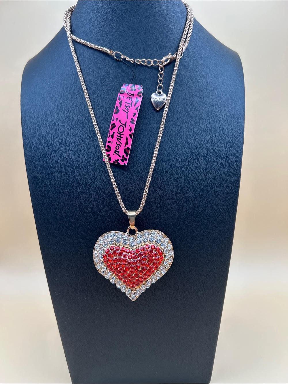Betsy Johnson long gold and rhinestone heart necklace NWT